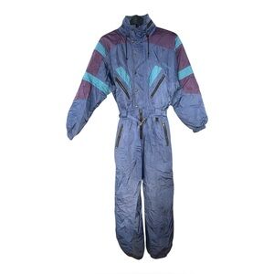 Hiverna Vintage Ski Jumpsuit One Piece Hood Belt Pockets Insulated Blue Size 40